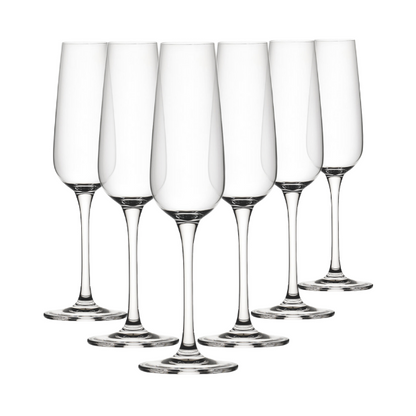 Set of six Mississippi Glass Flutes by Glassware UK, 210ml champagne glasses with clear, elegant design on a white background.