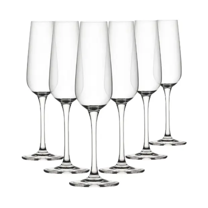 Set of six Mississippi glass champagne flutes by Glassware UK, 210ml, clear and elegant for celebratory drinks.