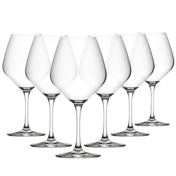 Set of six Seine Burgundy wine glasses by Glassware UK, 630ml, clear glass with elegant shape for red wine.