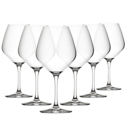 Set of six Seine Burgundy wine glasses by Glassware UK, 630ml, clear glass with elegant shape for red wine.