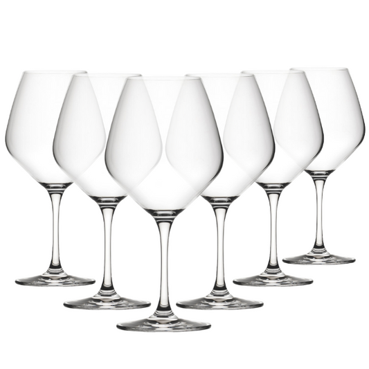 Set of six Seine Burgundy wine glasses by Glassware UK, 630ml, clear glass with elegant shape for red wine.