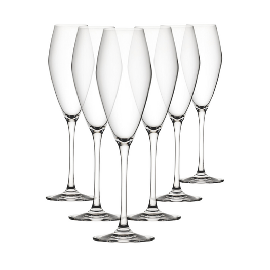 Set of six Seine glass champagne flutes from Glassware UK, 260ml capacity, clear crystal with elegant tall stems.