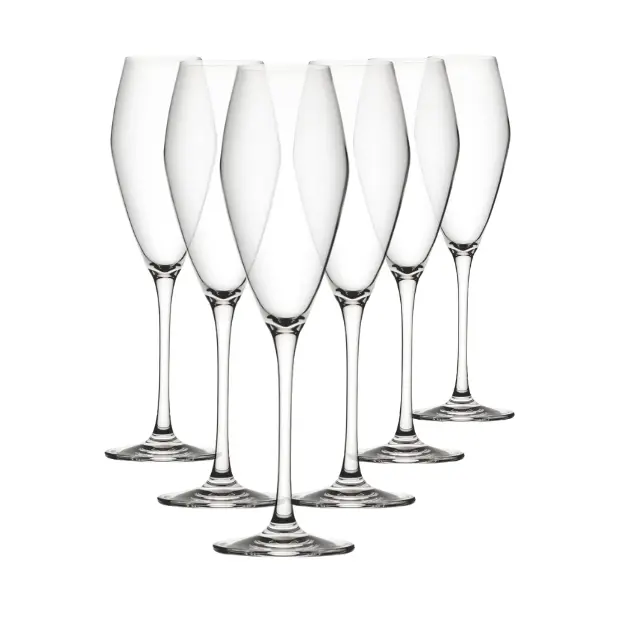 Set of six Seine Glass Flutes, 260ml champagne glasses by Glassware UK, showcasing clear, elegant glassware with tall, slender stems.