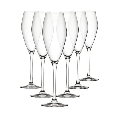 Set of six Seine Glass Flutes, 260ml champagne glasses by Glassware UK, showcasing clear, elegant glassware with tall, slender stems.