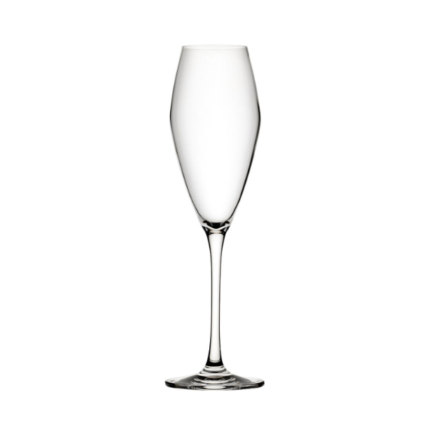 Set of six Seine Glass Flutes, 260ml champagne glasses by Glassware UK, displayed with elegant tall, clear glass design.