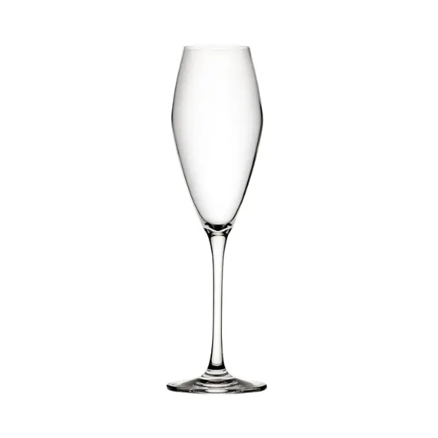 Set of six Seine Glass Flutes, 260ml champagne glasses by Glassware UK, with clear slender stems and elegant bowl design.