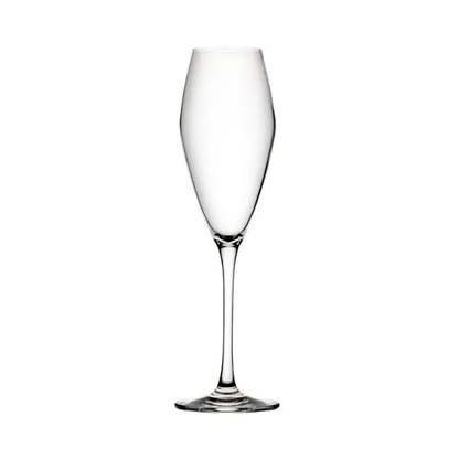 Set of six Seine Glass Flutes, 260ml champagne glasses by Glassware UK, with clear slender stems and elegant bowl design.