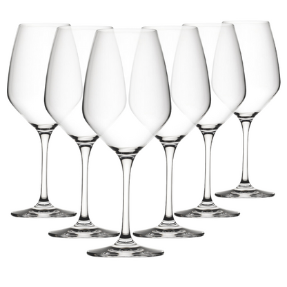 Set of six Seine wine glasses from Glassware UK, 450ml capacity, clear glass with elegant stems for red or white wine.