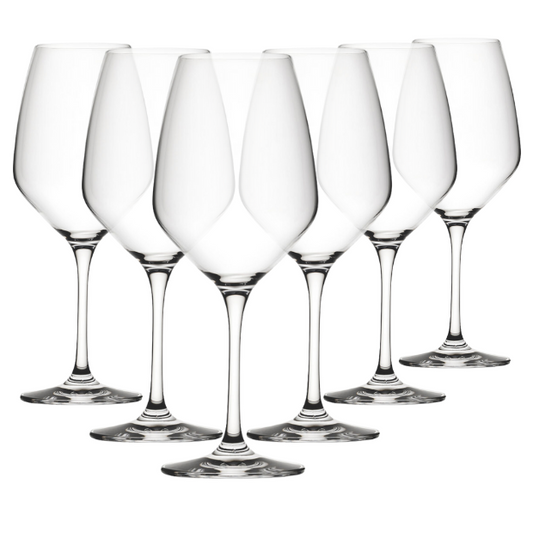 Set of six Seine wine glasses from Glassware UK, 450ml capacity, clear glass with elegant stems for red or white wine.