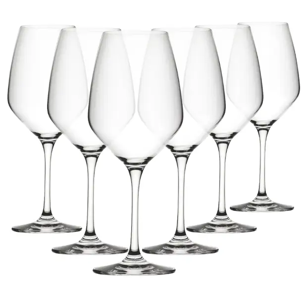 Set of six Seine wine glasses by Glassware UK, 450ml capacity, clear glass with elegant stem and bowl design.