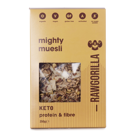 Organic Mighty Muesli Keto from Raw Gorilla in a 250g package, showing a bowl of mixed nuts and seeds with fresh ingredients.