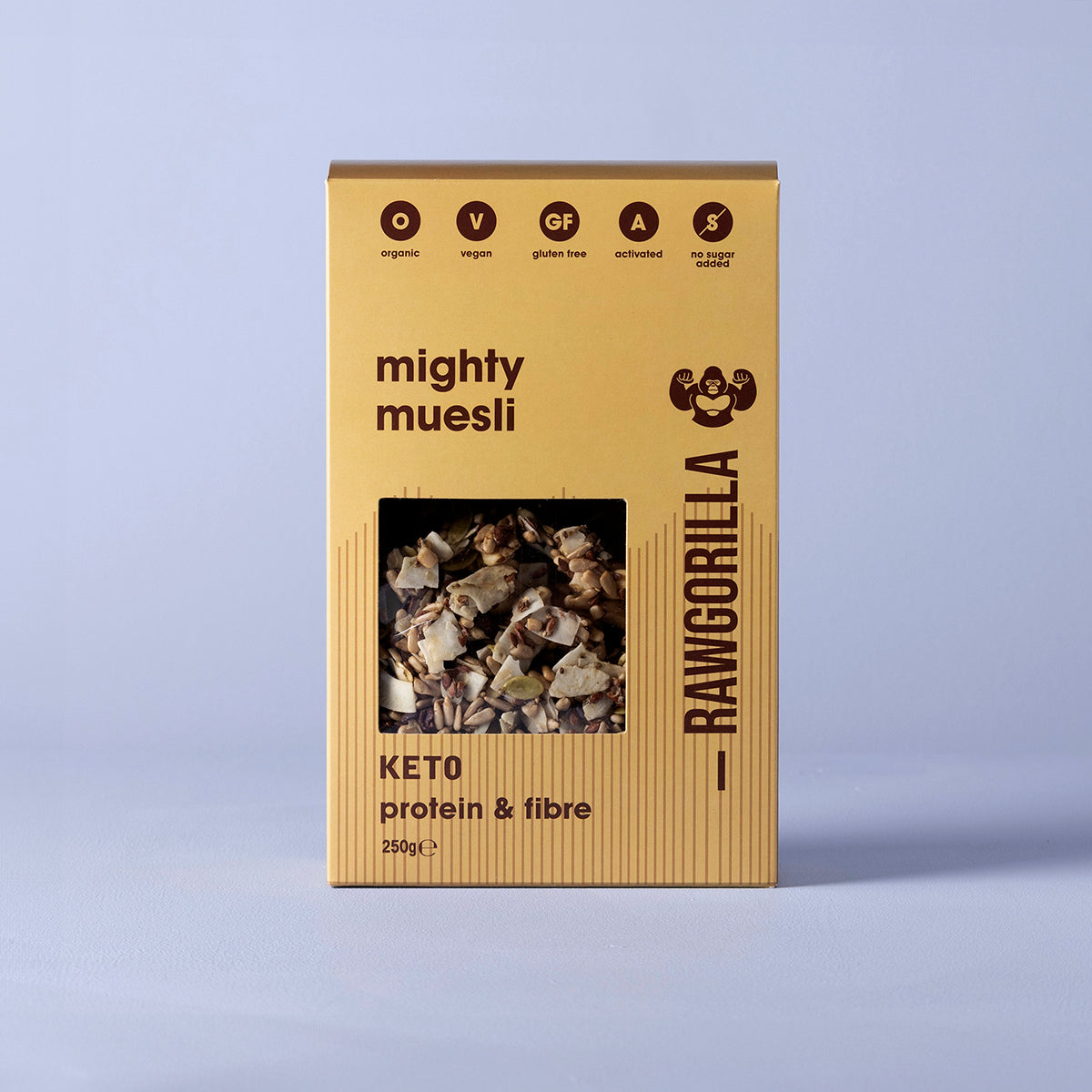 Organic Mighty Muesli Keto from Raw Gorilla, 250g, in a resealable bag, featuring a mix of raw grains and nuts for healthy breakfast.