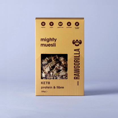 Organic Mighty Muesli Keto from Raw Gorilla, 250g, in a resealable bag, featuring a mix of raw grains and nuts for healthy breakfast.