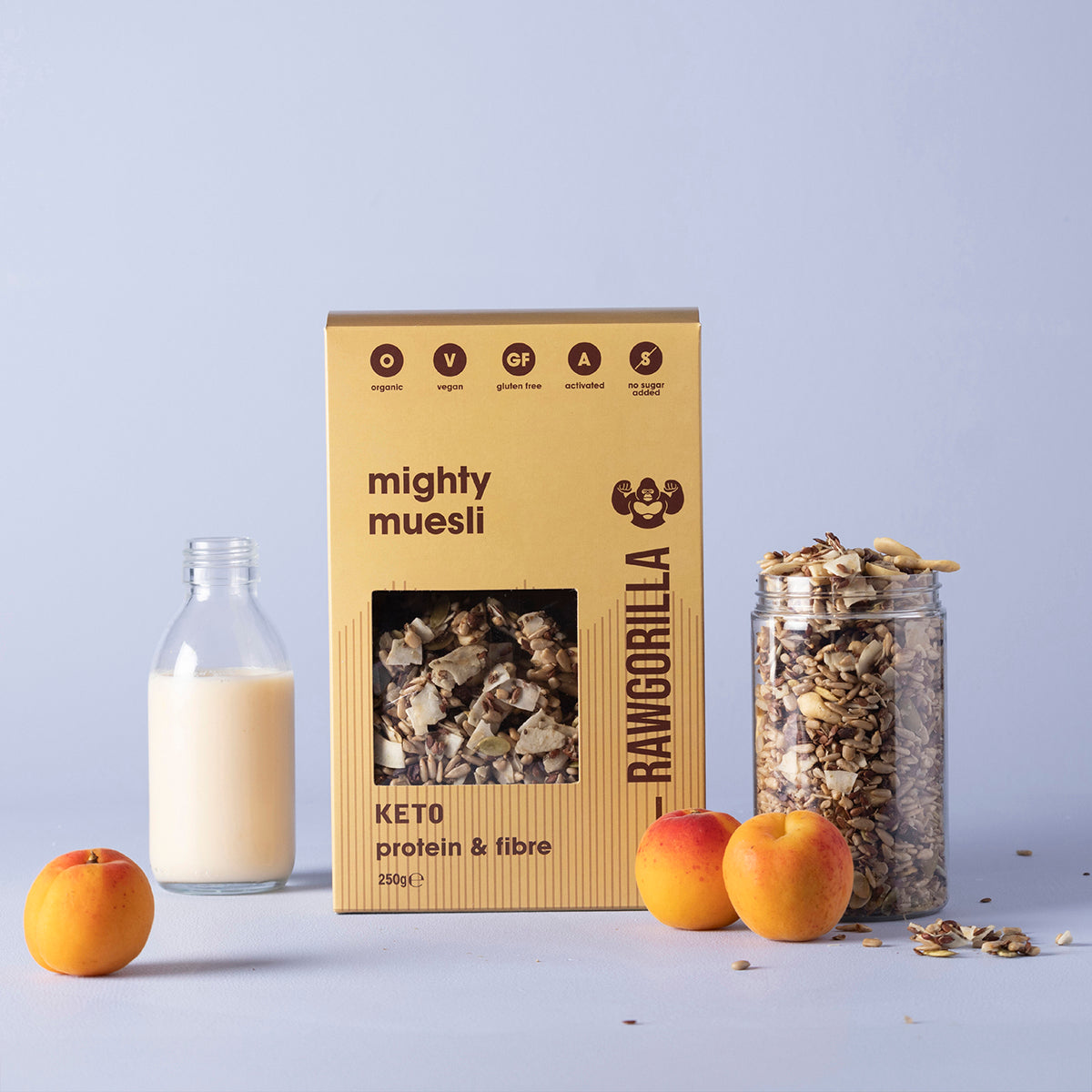 Organic Mighty Muesli Keto from Raw Gorilla, 250g, in a clear bowl with nuts, seeds, and dried fruit for a wholesome breakfast.