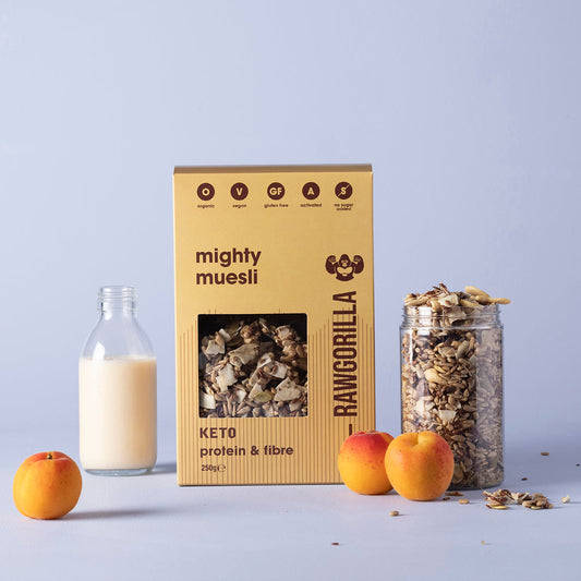 Organic Mighty Muesli Keto by Raw Gorilla in a 250g package, featuring a mix of raw, keto-friendly grains and nuts.