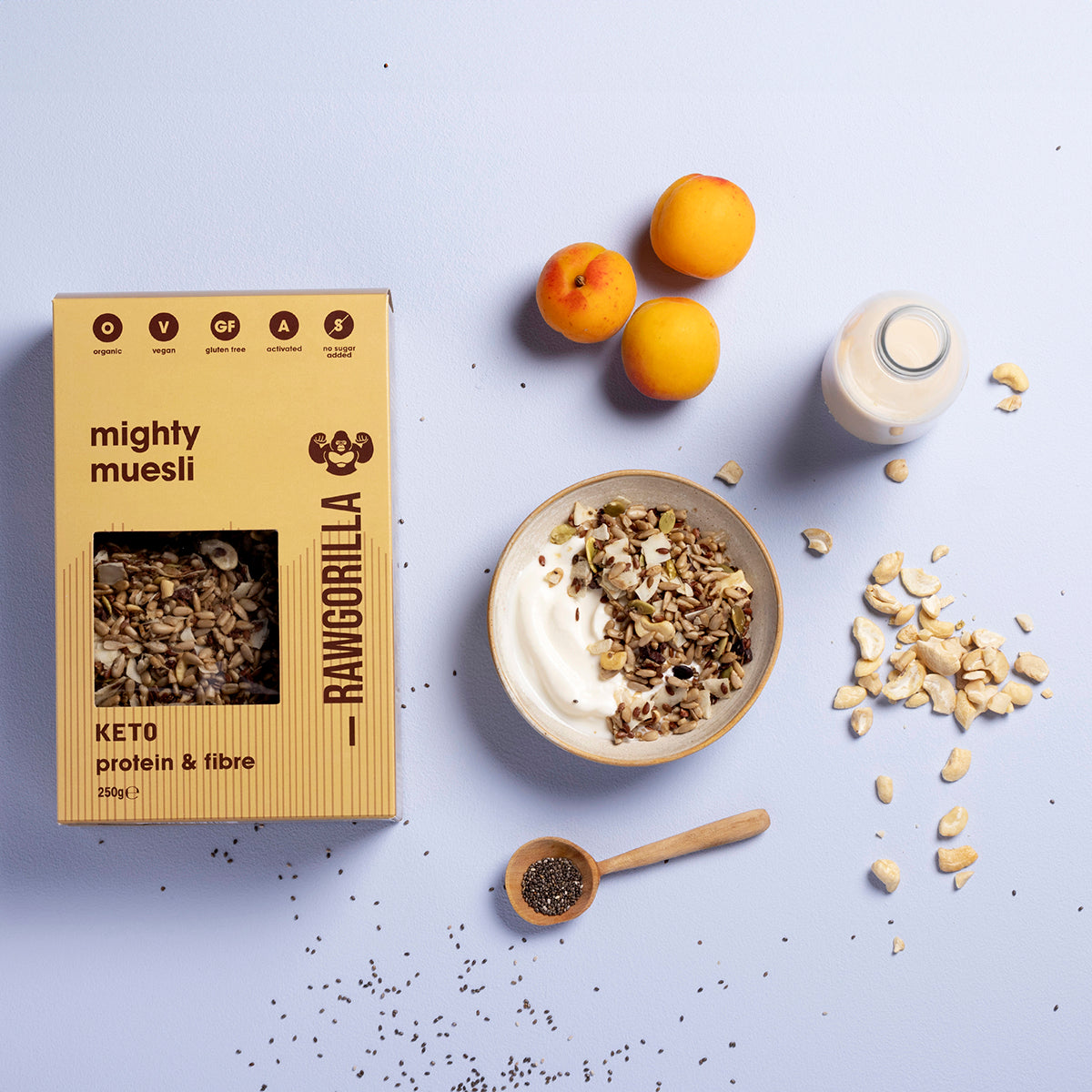 Organic Mighty Muesli Keto by Raw Gorilla in a 250g package, featuring a mix of raw, wholesome ingredients for a nutritious breakfast.
