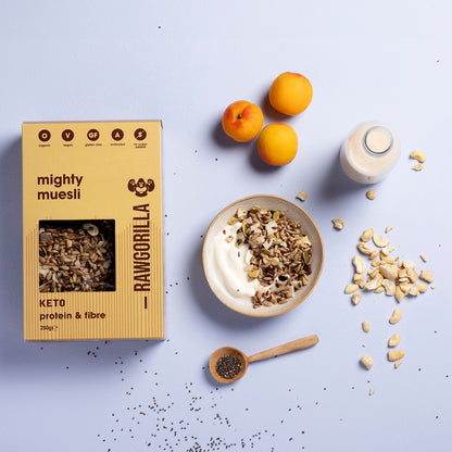 Organic Mighty Muesli Keto by Raw Gorilla in a 250g package, featuring a mix of raw, wholesome ingredients for a nutritious breakfast.