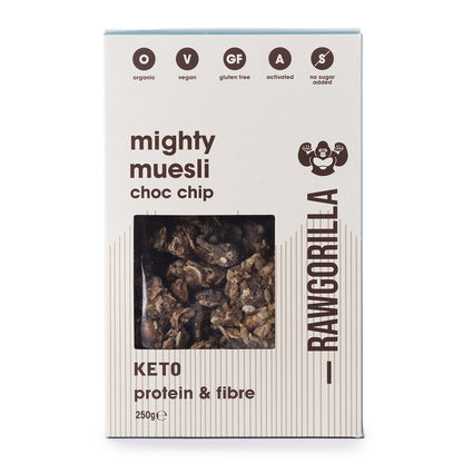 Organic Mighty Muesli Chocolate Chip keto cereal from Raw Gorilla, 250g, with visible chocolate chips and wholesome granola clusters.