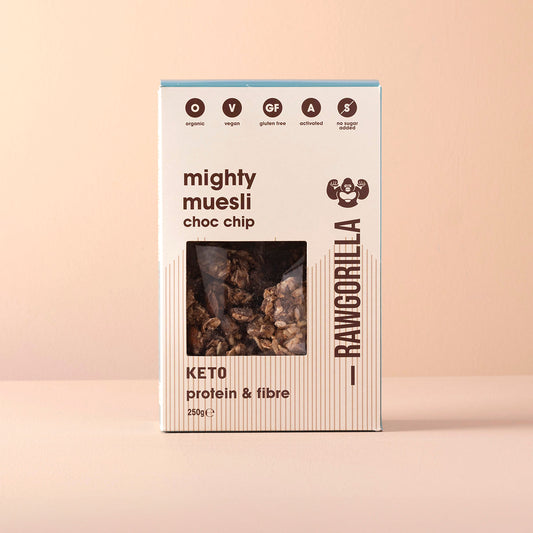 Organic Mighty Muesli Chocolate Chip Keto from Raw Gorilla in a 250g package, showing a bowl of muesli with chocolate chips.
