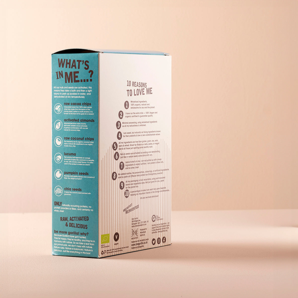 Organic Mighty Muesli Chocolate Chip Keto cereal from Raw Gorilla in a 250g package with visible chocolate chips and grain texture.