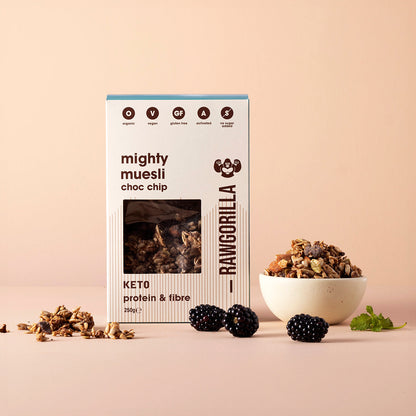 Organic Mighty Muesli Chocolate Chip Keto cereal and granola by Raw Gorilla in a 250g package with chocolate chip pieces.