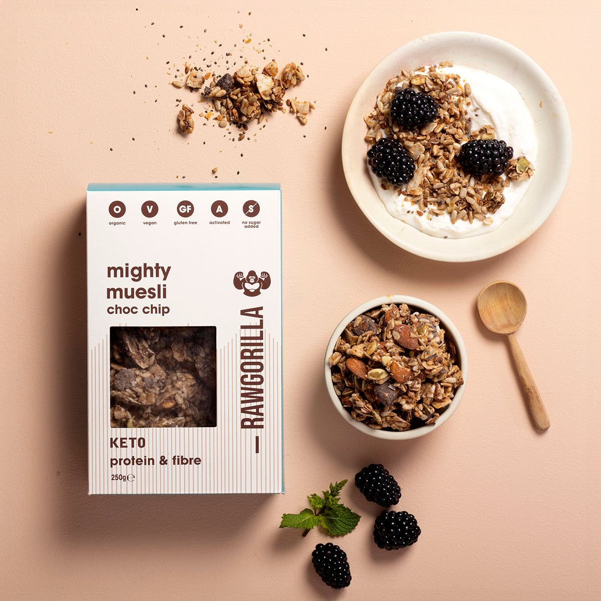 Organic Mighty Muesli Chocolate Chip Keto cereal from Raw Gorilla in a 250g package with visible granola and chocolate chips.