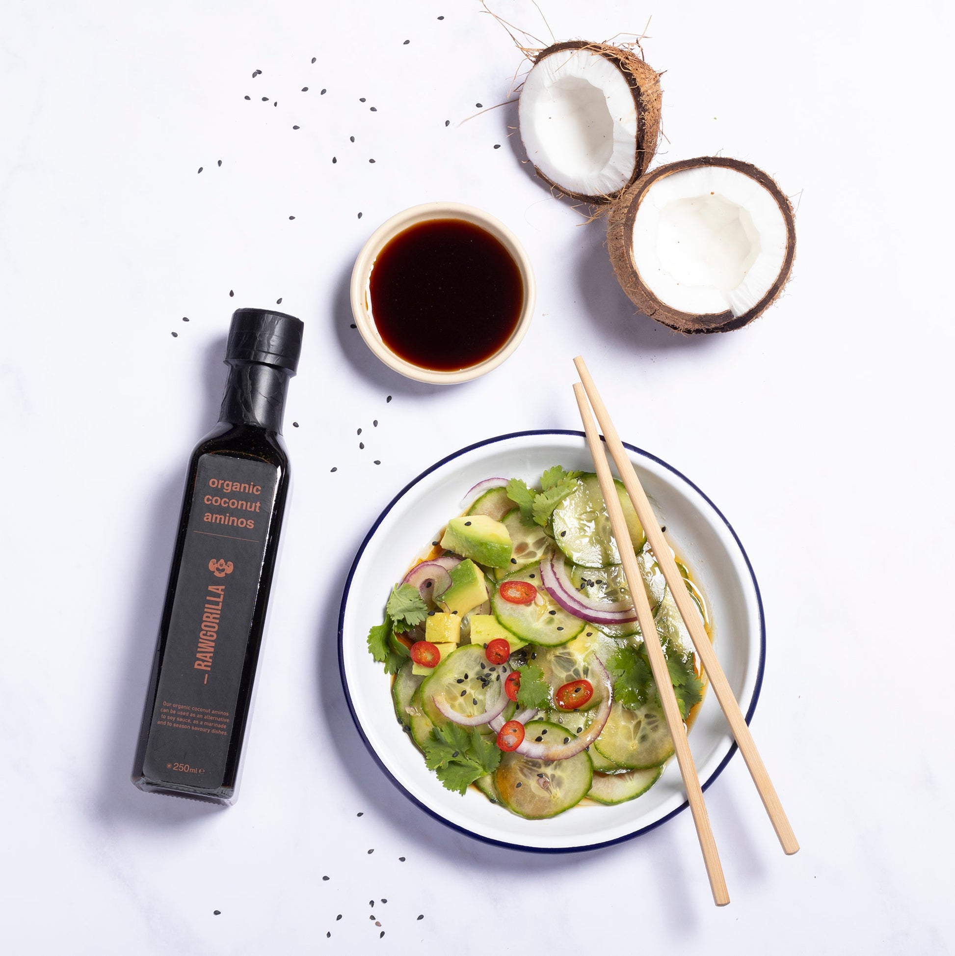 Organic coconut aminos in a 250ml bottle by RAWGORILLA, a natural cooking oil from Whole Food Earth.