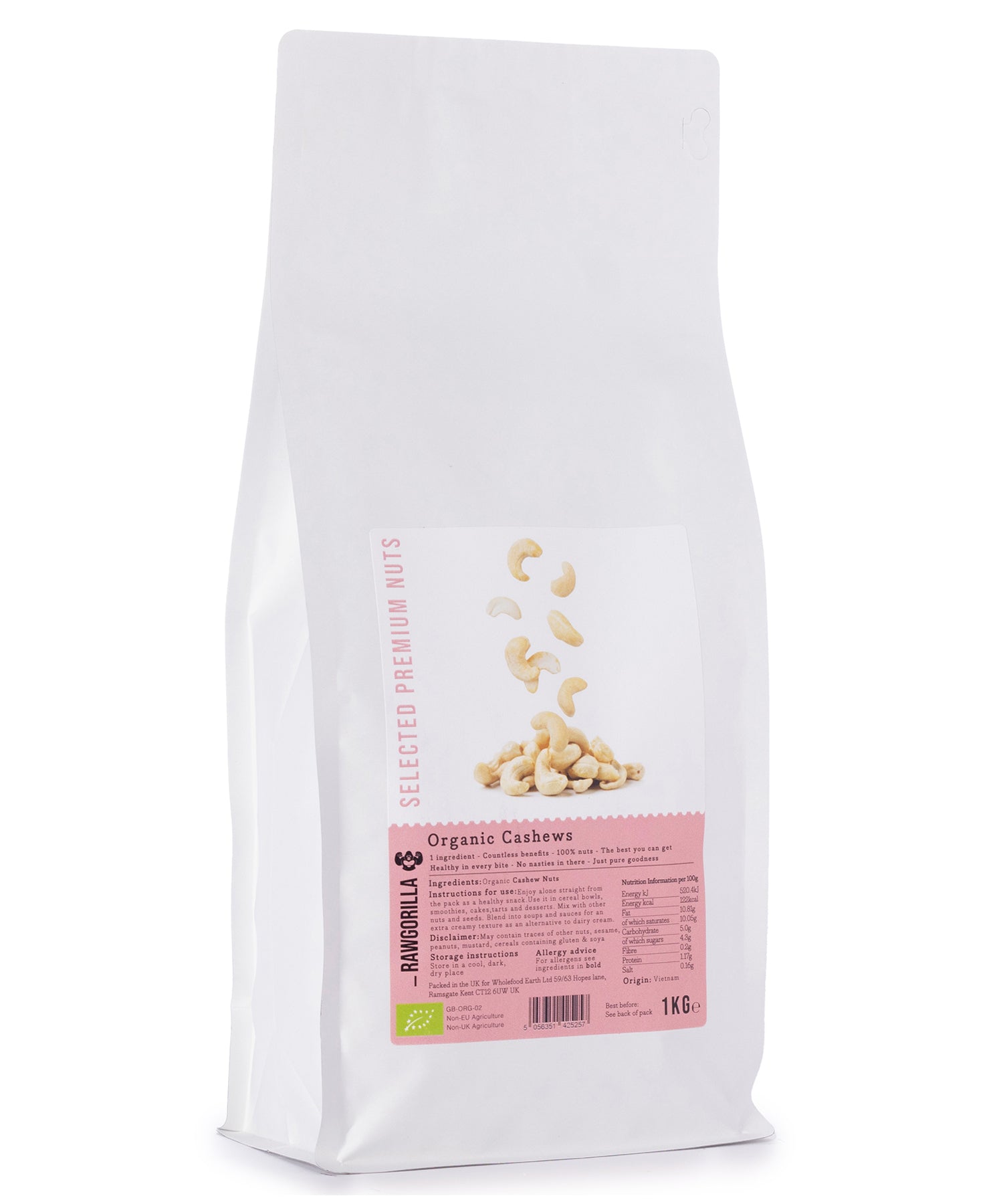 Raw organic cashew nuts from RAWGORILLA, 1kg, displayed in a natural pile, showcasing smooth, light-colored kernels on a clean background.