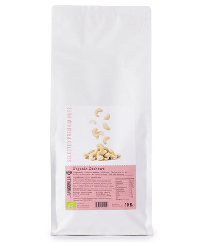 Raw organic cashew nuts in a 1kg bag from RAWGORILLA, displayed in a natural, close-up view of the nuts and seeds product.