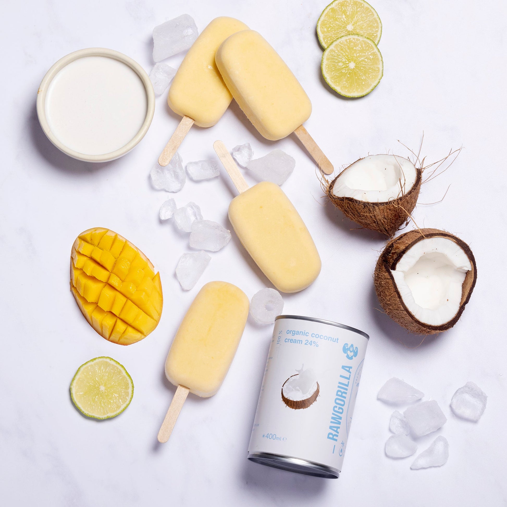 Organic coconut cream in a 400ml jar from RAWGORILLA, showing a smooth, creamy white texture in a clear jar.