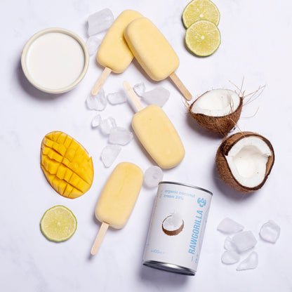 Organic coconut cream in a 400ml jar from RAWGORILLA, showing a smooth, creamy white texture in a clear jar.