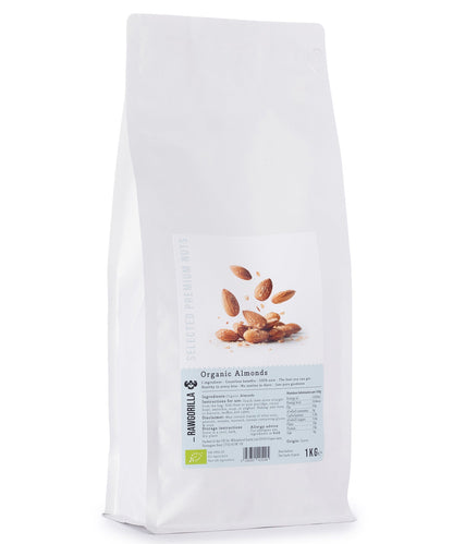 Organic almonds from RAWGORILLA, 1kg package, whole raw nuts for snacking or baking, by Whole Food Earth.