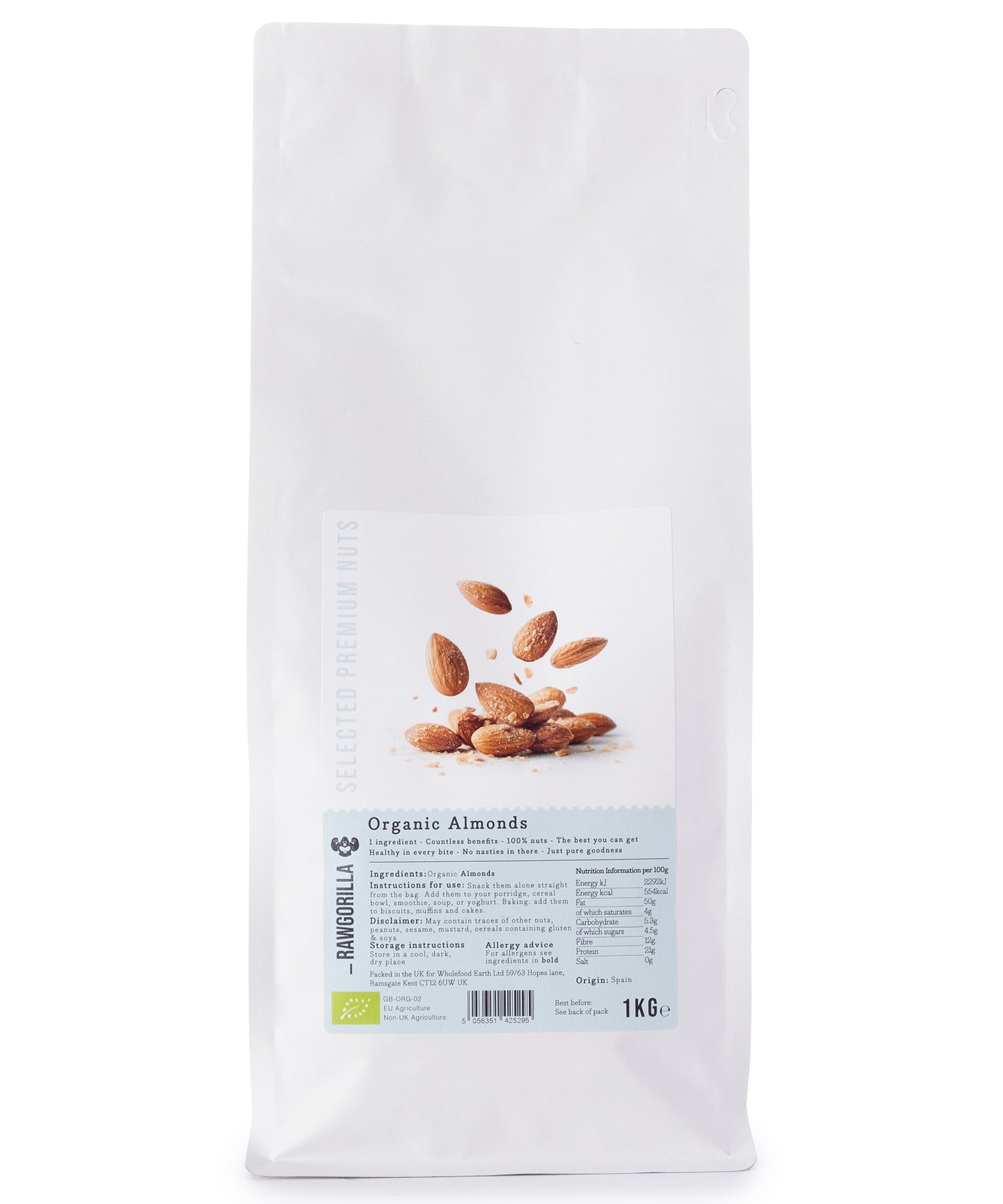 Raw organic almonds from RAWGORILLA in a 1kg package, showcasing fresh, whole almonds on a white background.