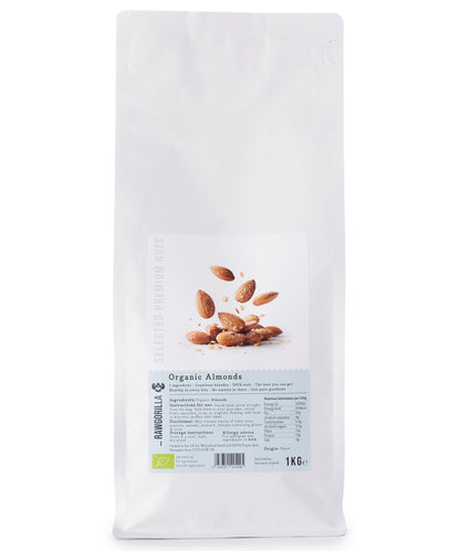 Raw organic almonds from RAWGORILLA in a 1kg package, showcasing fresh, whole almonds on a white background.