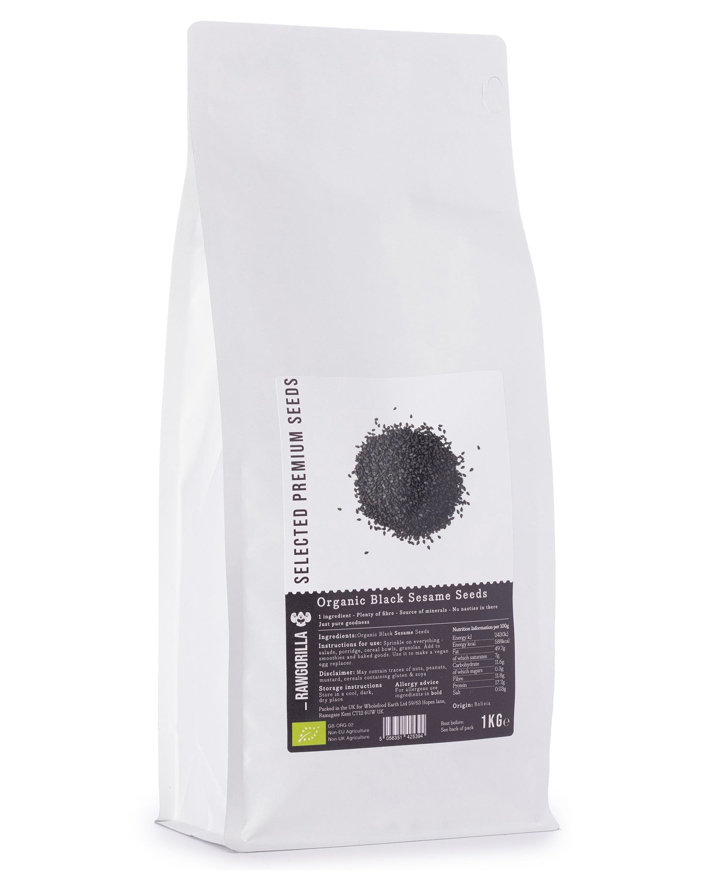 Organic Black Sesame Seeds from RAWGORILLA, 1kg pack, close-up of small black seeds in a clear container on a white background.