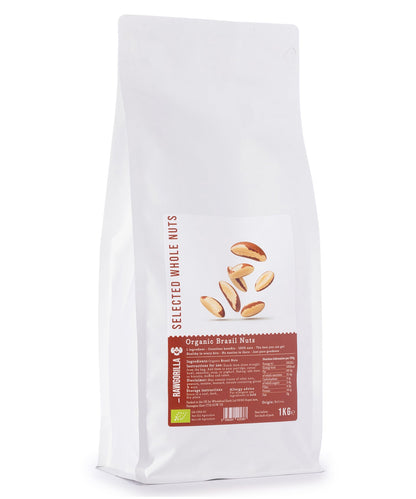 Raw organic Brazil nuts from RAWGORILLA, 1kg package, Whole Food Earth, showing a bowl of whole nuts and shell fragments.
