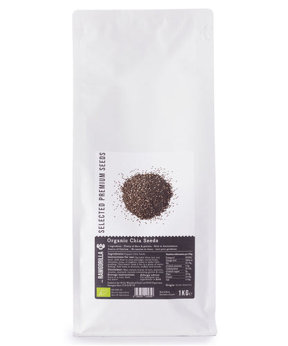 Organic chia seeds in a clear container from RAWGORILLA, displayed on a white background, emphasizing their raw, natural quality.