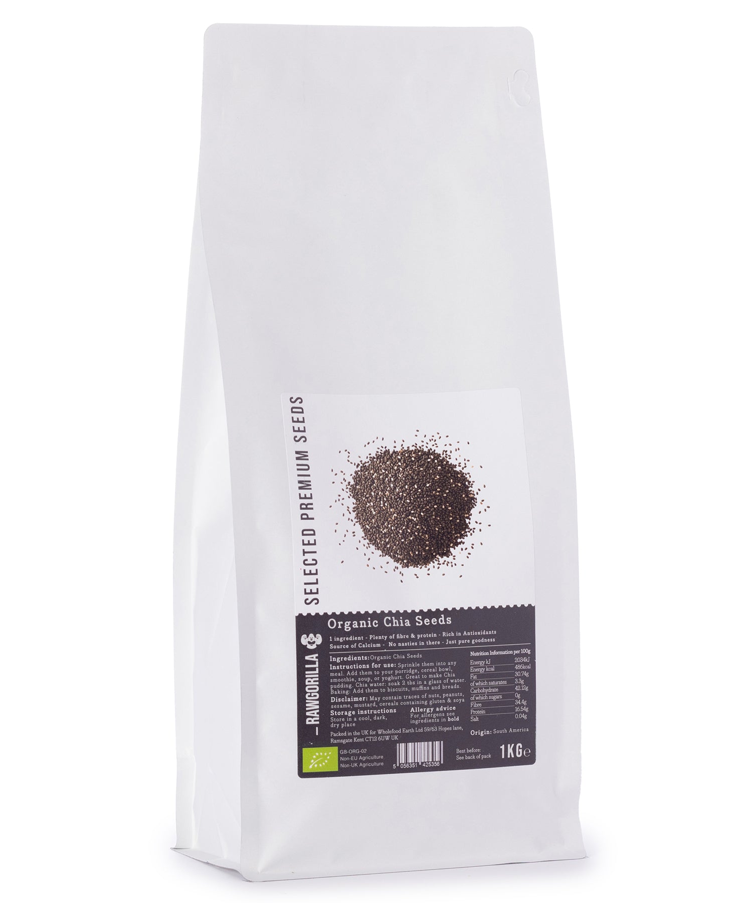 Organic chia seeds in a clear jar from RAWGORILLA, showcasing small, black and white seeds on a neutral background.