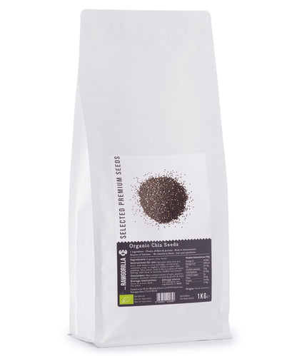 Organic chia seeds in a clear jar from RAWGORILLA, showcasing small, black and white seeds on a neutral background.