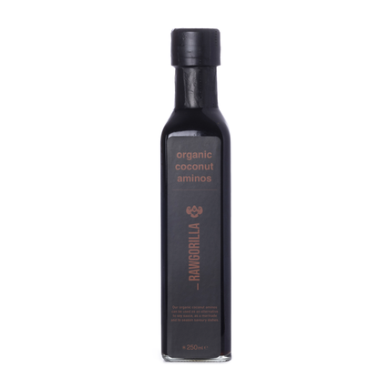 Organic Coconut Aminos from RAWGORILLA in a 250ml bottle, natural gluten-free liquid seasoning for cooking and marinades.