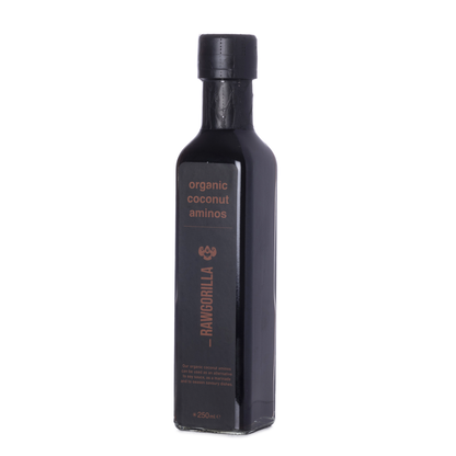 Bottle of RAWGORILLA Organic Coconut Aminos in a 250ml glass container, used as a natural cooking oil alternative.