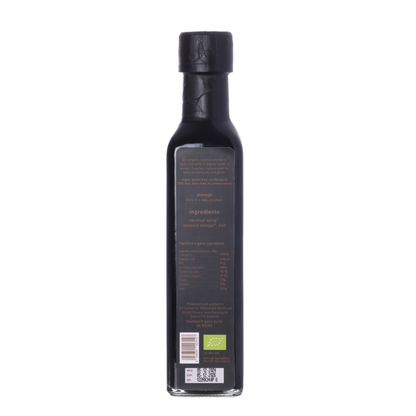 Organic Coconut Aminos bottle from RAWGORILLA, 250ml, natural cooking sauce by Whole Food Earth, with a clear label and white cap.