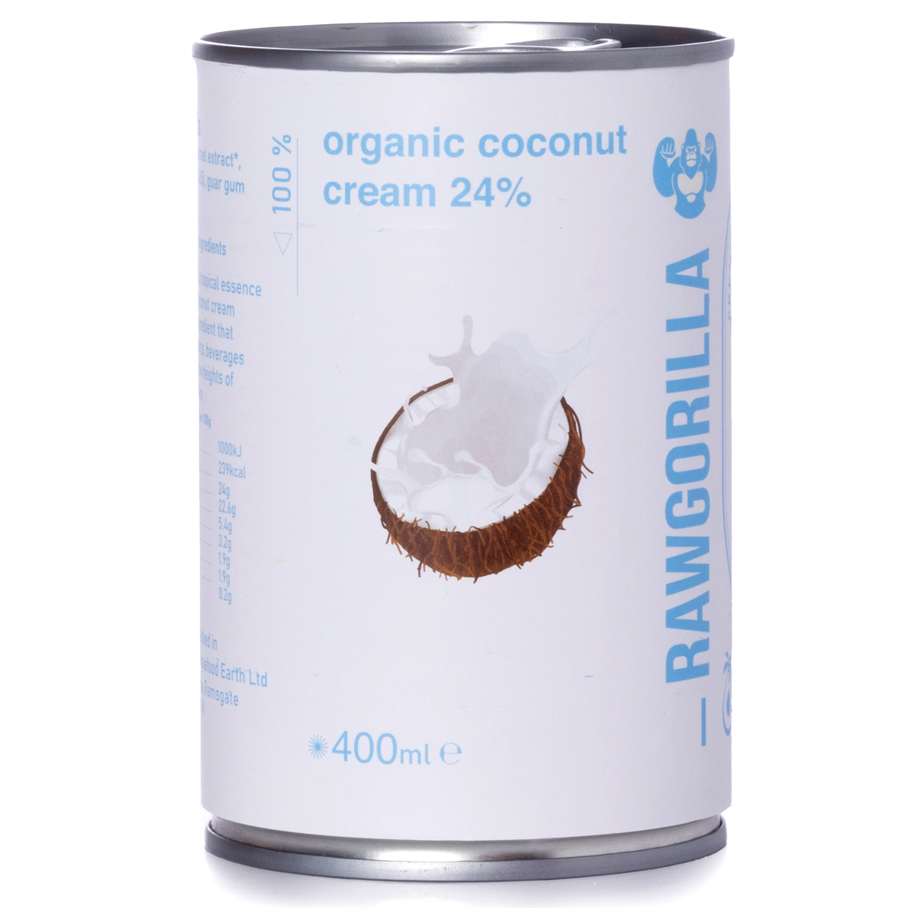 Organic coconut cream in a 400ml jar by RAWGORILLA, showcasing the creamy, white texture of the natural product.