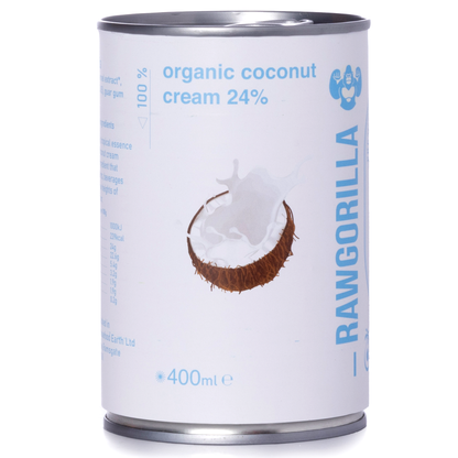 Organic coconut cream in a 400ml jar by RAWGORILLA, showcasing the creamy, white texture of the natural product.