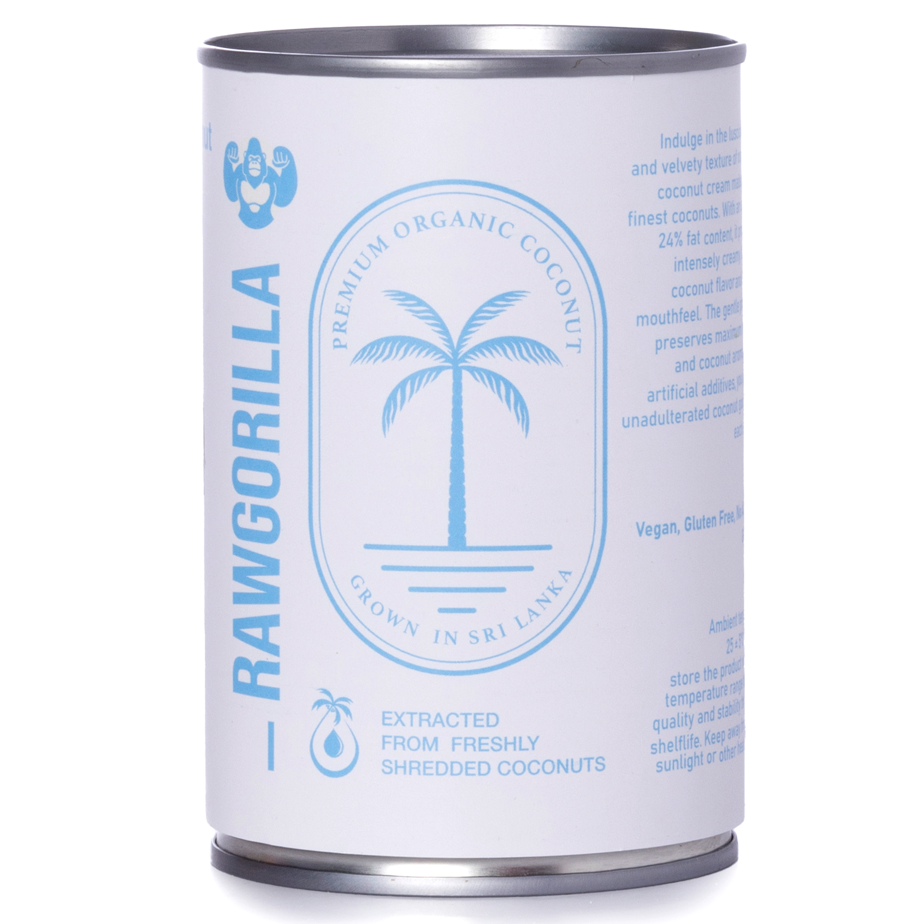 Cream in a jar labeled RAWGORILLA Organic Coconut Cream, 400ml, by Whole Food Earth, showing the product's packaging.