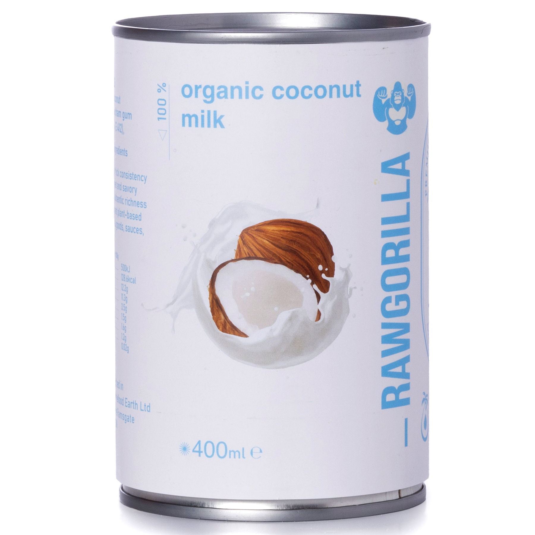 Canned organic coconut milk by RAWGORILLA in 400ml container, ideal for cooking and baking, from Whole Food Earth