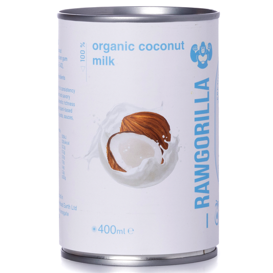 Canned organic coconut milk by RAWGORILLA in 400ml container, ideal for cooking and baking, from Whole Food Earth