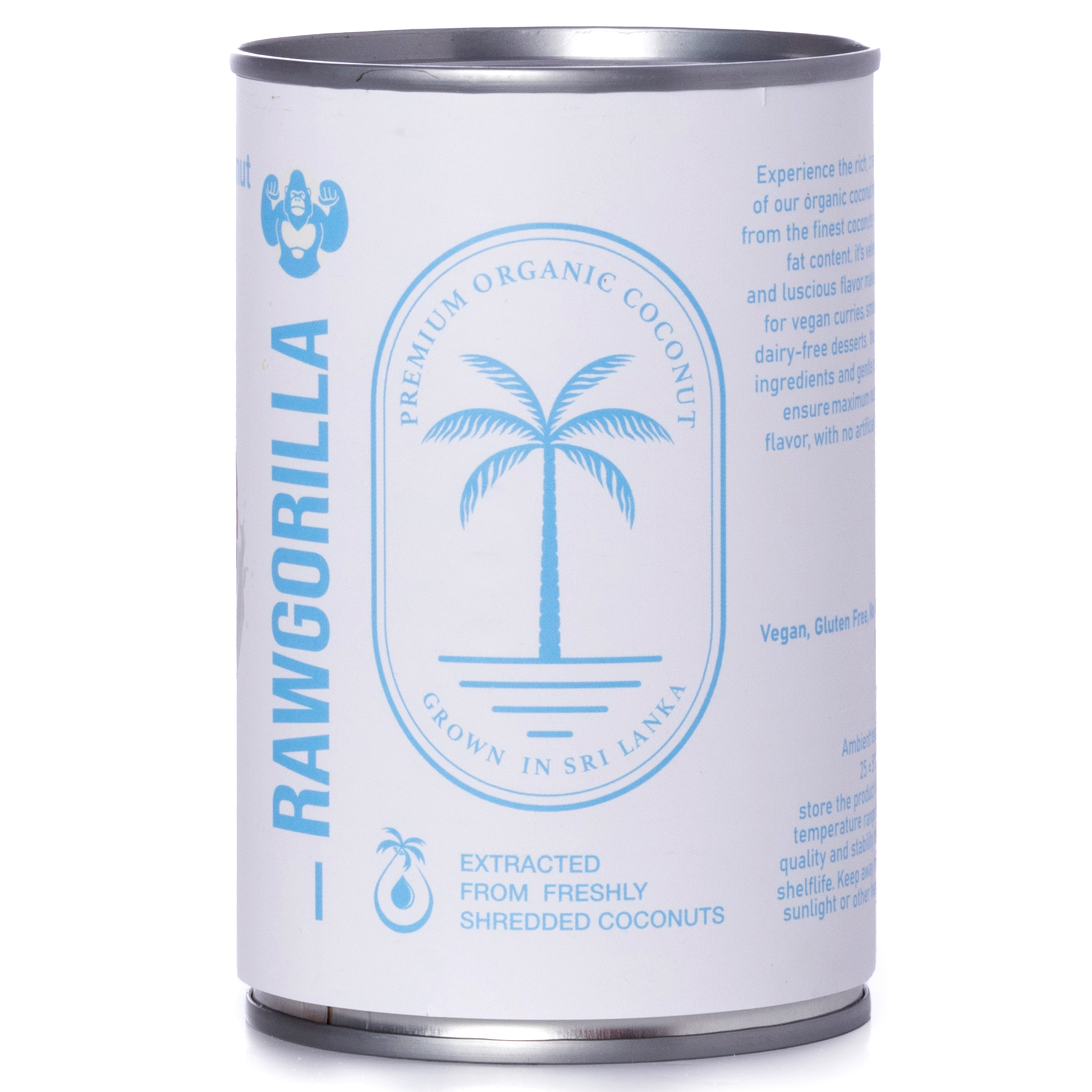 Canned organic coconut milk from Whole Food Earth by RAWGORILLA, 400ml container showing coconut milk inside