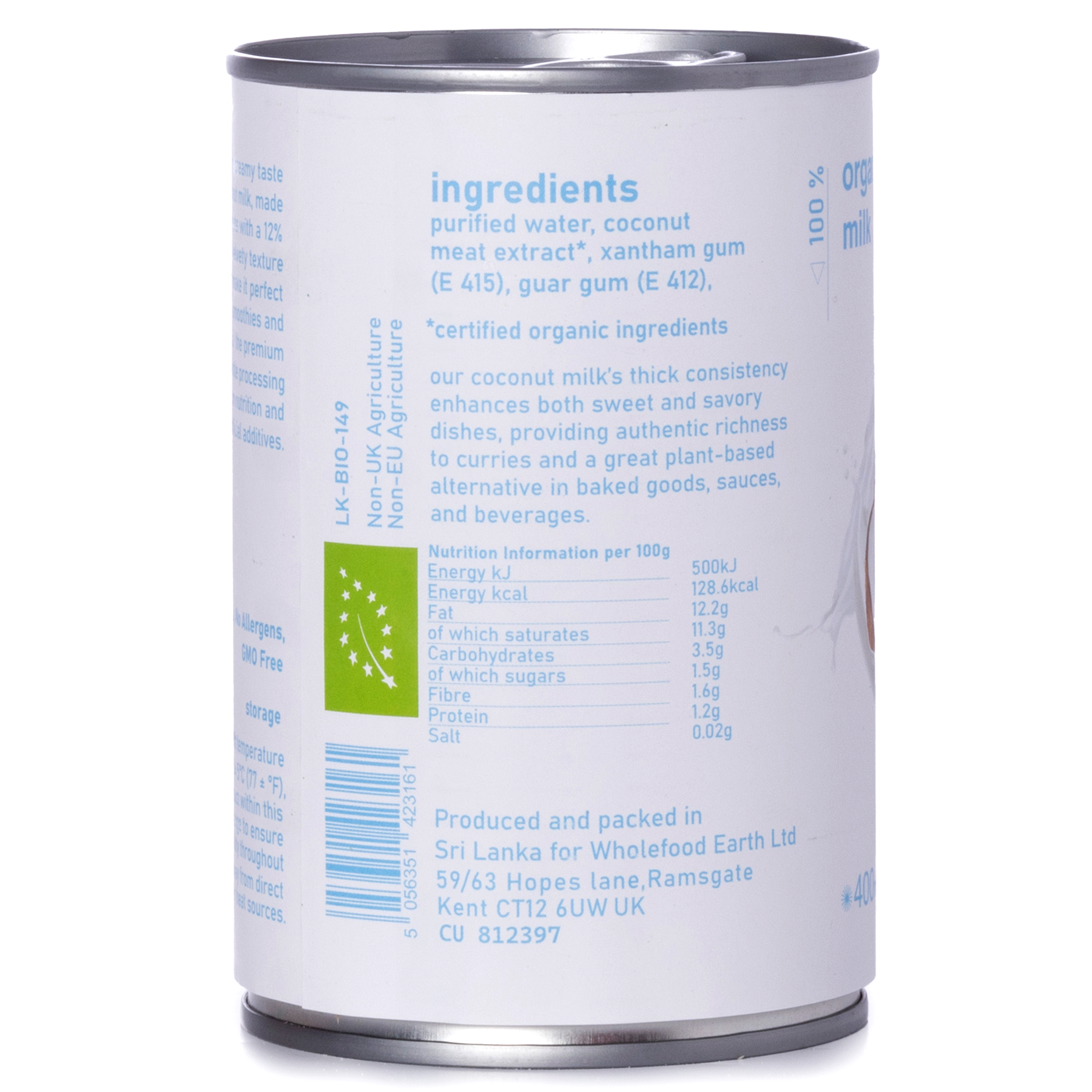 Canned organic coconut milk by RawGorilla in a 400ml container, suitable for cooking and smoothies, from Whole Food Earth.