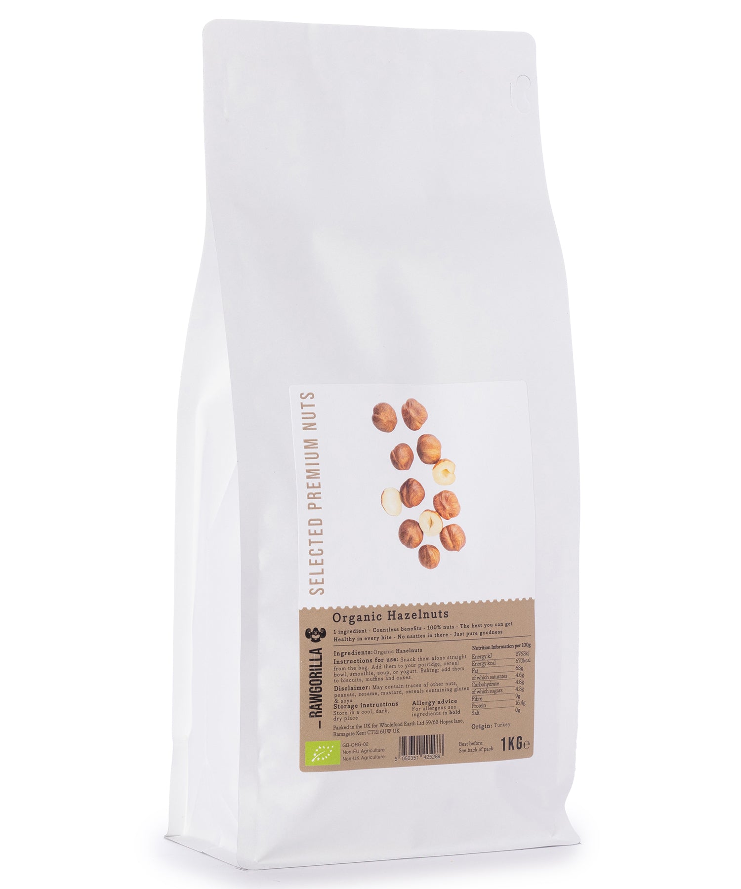 Raw organic hazelnuts from RAWGORILLA, 1kg package by Whole Food Earth, showing whole, natural hazelnuts with textured shells.